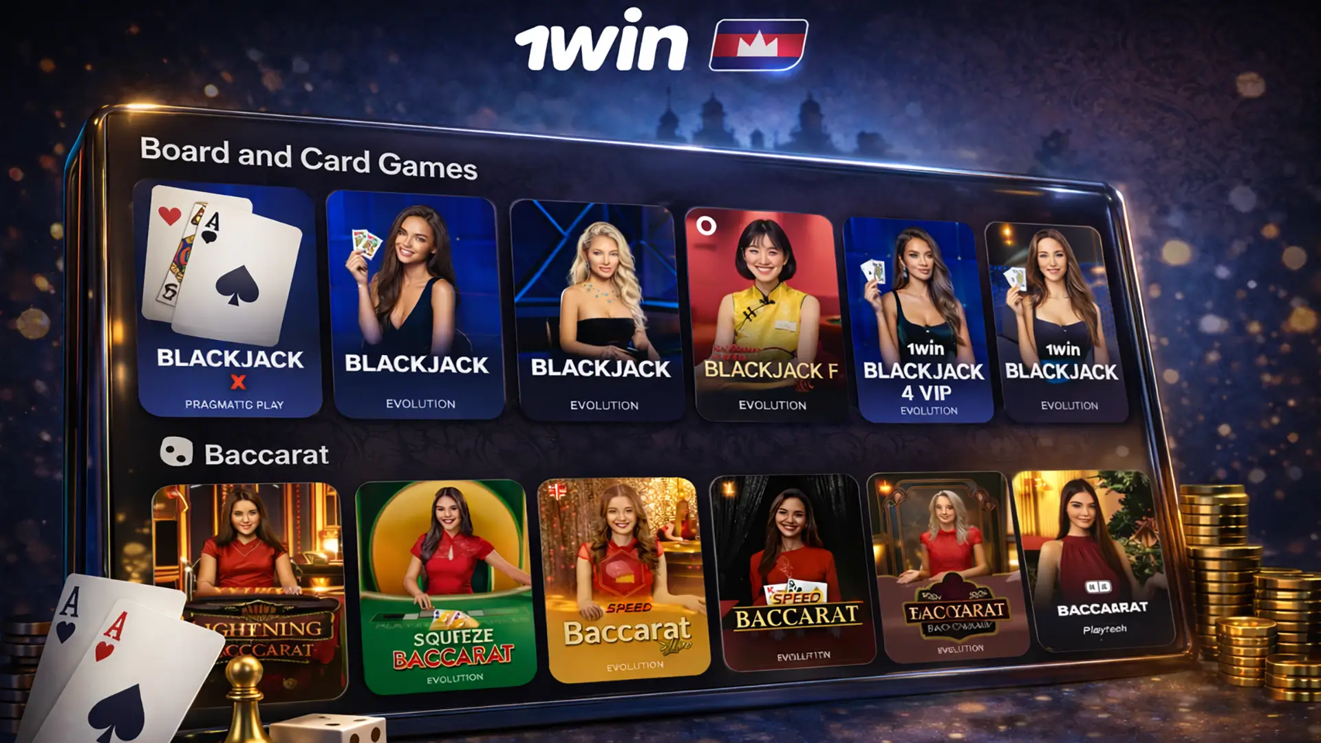 1win board and card games Board and card games category banner for 1win Cambodia with premium 3D cards and classic game pieces.