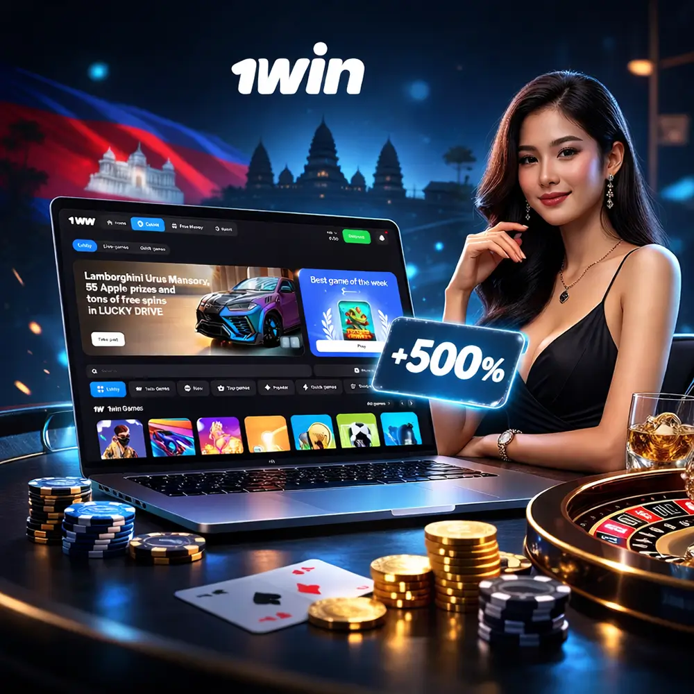 1 win official casino in Cambodia Premium 1win Cambodia hero banner with official interface, elegant Cambodian woman, and +500% bonus card.