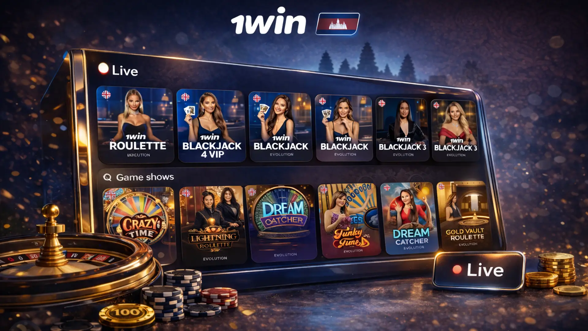 1win live casino Live dealer casino banner for 1win Cambodia with premium table details and soft cinematic lighting.