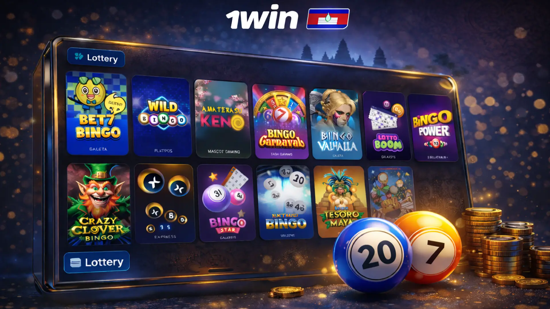 1win lotteries Lottery category banner for 1win Cambodia with numbered balls and a premium dark navy glow.