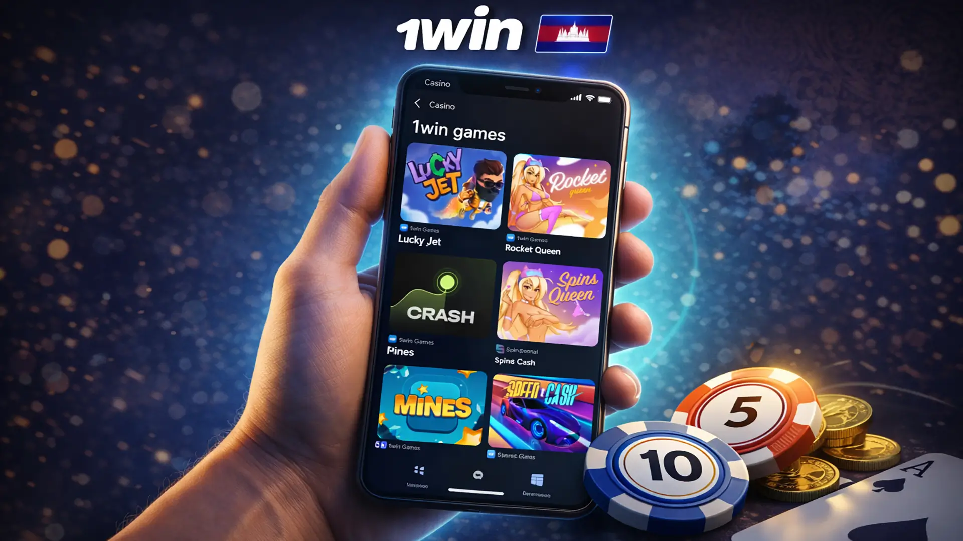 1 win official mobile app 1win Cambodia mobile app banner with smartphone interface and subtle floating casino chips.