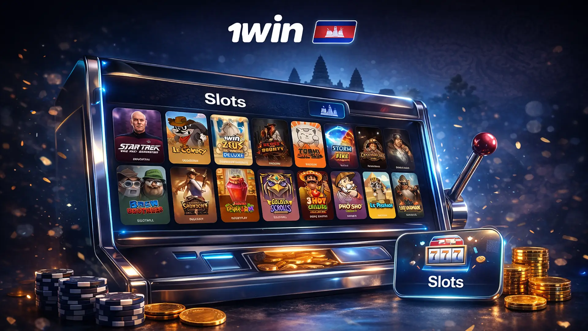 1win slots 3D slot machine category banner for 1win Cambodia with premium chips and dark navy background